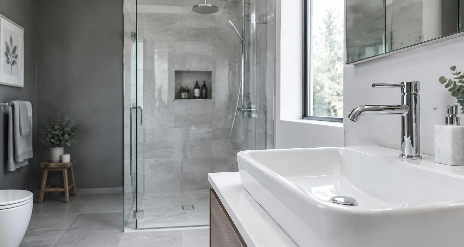 Chrome faucet and sink in a bright, modern bathroom